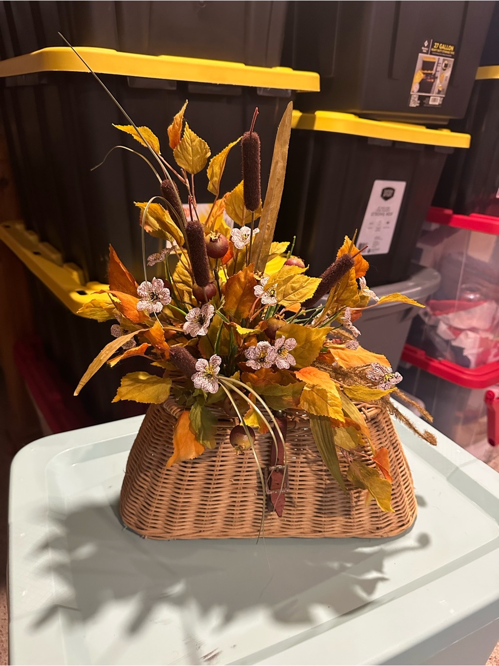 Vintage Fish Basket with Artificial Fall Floral Arrangement